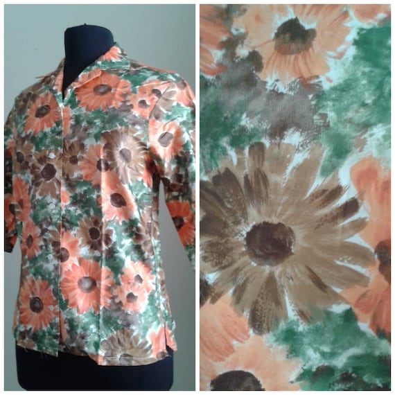 Vintage 50s/60s Cotton Shirt~Blouse/Orange Flower… - image 1