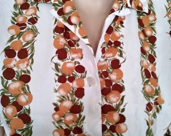 Vintage 50s/60s Cotton Shirt/Top~Blouse/1950 Rockabilly/VLV/1960 Mad Men~Mrs Maisel/GRAFF/Summer Fall/White brown Orange/M/L