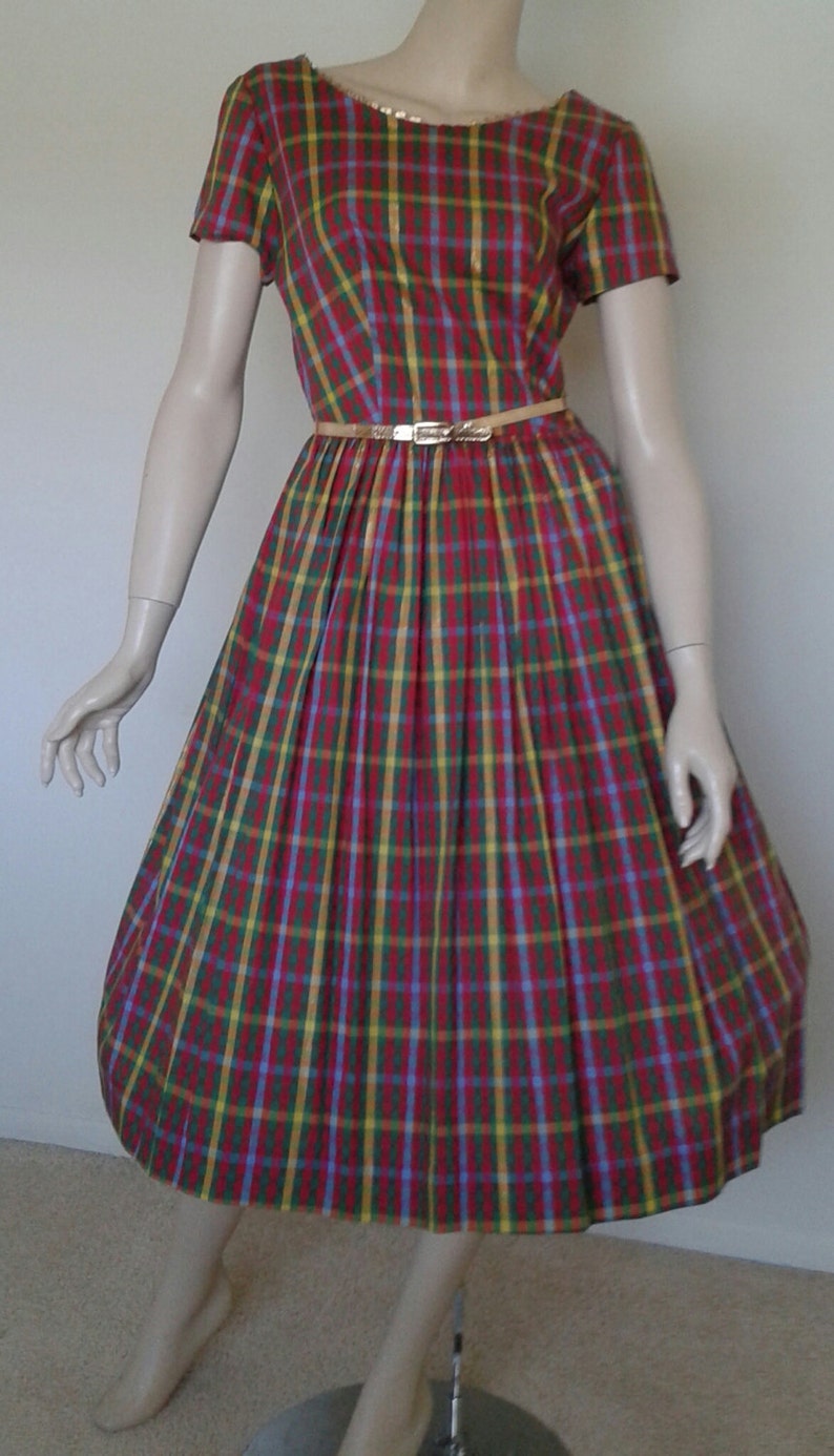 Vintage 50s60s Cotton DressRed Green Plaid1950 Rockabilly Pinup Patio Picnic Size SmDeadstock1960 Mad Men~Mrs MaiselSummer Party