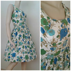 Vintage 50s/60s Cotton Dress/Green Blue White Floral /Garden Party Wedding/Sz. Sm/Med/1950 Rockabilly Pinup/1960 Mad Men/Mrs Maisel