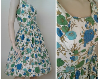Vintage 50s/60s Cotton Dress/Green Blue White Floral /Garden Party Wedding/Sz. Sm/Med/1950 Rockabilly Pinup/1960 Mad Men/Mrs Maisel