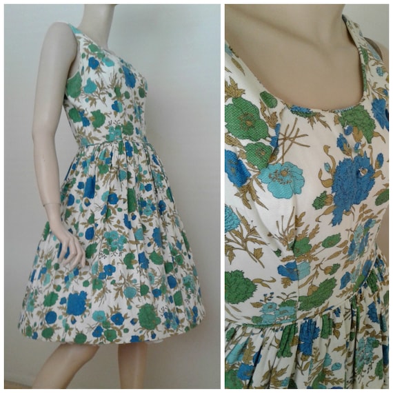 Vintage 50s/60s Cotton Dress/Green Blue White Flo… - image 1