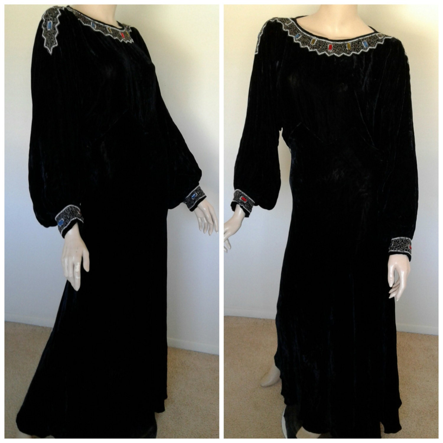 Stunning Vintage 1930 Black Silk Velvet Dress Beaded Formal Gown /art ...