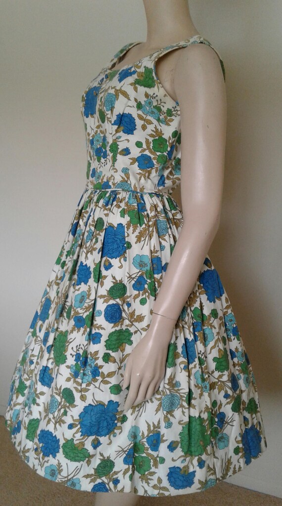 Vintage 50s/60s Cotton Dress/Green Blue White Flo… - image 3
