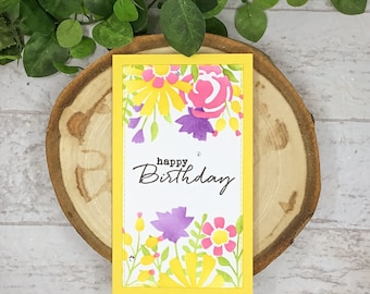 Happy Birthday Card, Floral Birthday Card, Mini Slimline Card, Yellow Flower Card, Handmade Birthday Card, Yellow Floral Birthday Card