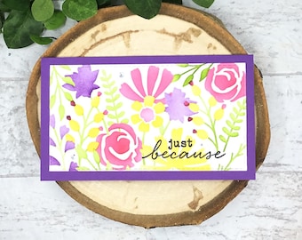Just Because Floral Card, Purple Flower Card, Floral Greeting Card, Card For Her, Mini Slimline Card, Floral Card, Handmade Card, Blank Card