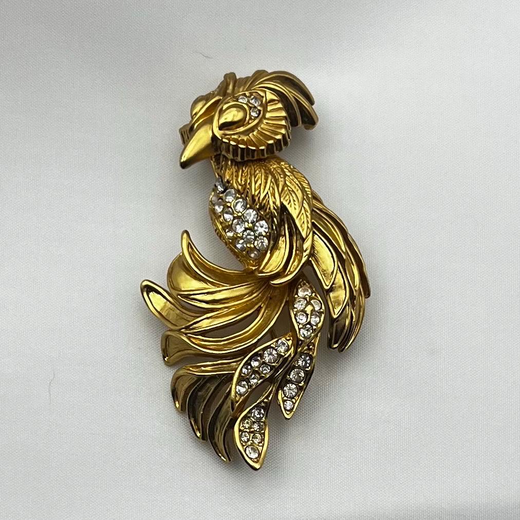 Vintage Owl Brooch Pin | Gold Tone with Rhinestones | Dolphin Ore Signed