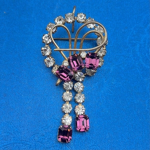 Vintage Floral Wire Brooch Pin | Gold tone with Purple & Clear Rhinestones