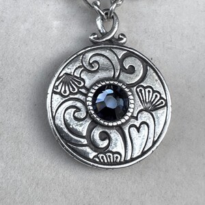 Brighton Reversible Scroll Medallion Necklace Blue Crystal Silver Tone Etched image 4
