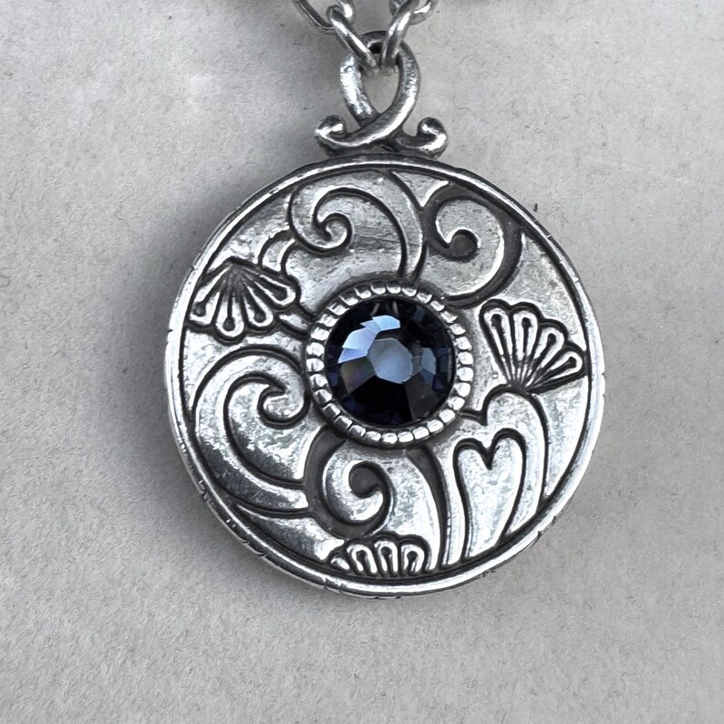 Brighton Reversible Scroll Medallion Necklace Blue Crystal Silver Tone Etched image 4