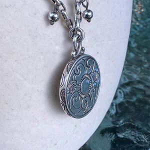 Brighton Reversible Scroll Medallion Necklace Blue Crystal Silver Tone Etched image 10