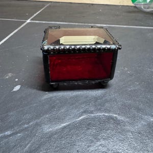 Vintage Red Stained Glass Trinket Ring Box Beveled Lid Ruby Keepsake Box