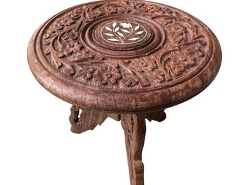 Soporte para plantas de madera tallada a mano estilo vintage con pedestal de incrustaciones florales, hecho en India, 15 cm (6 pulgadas)