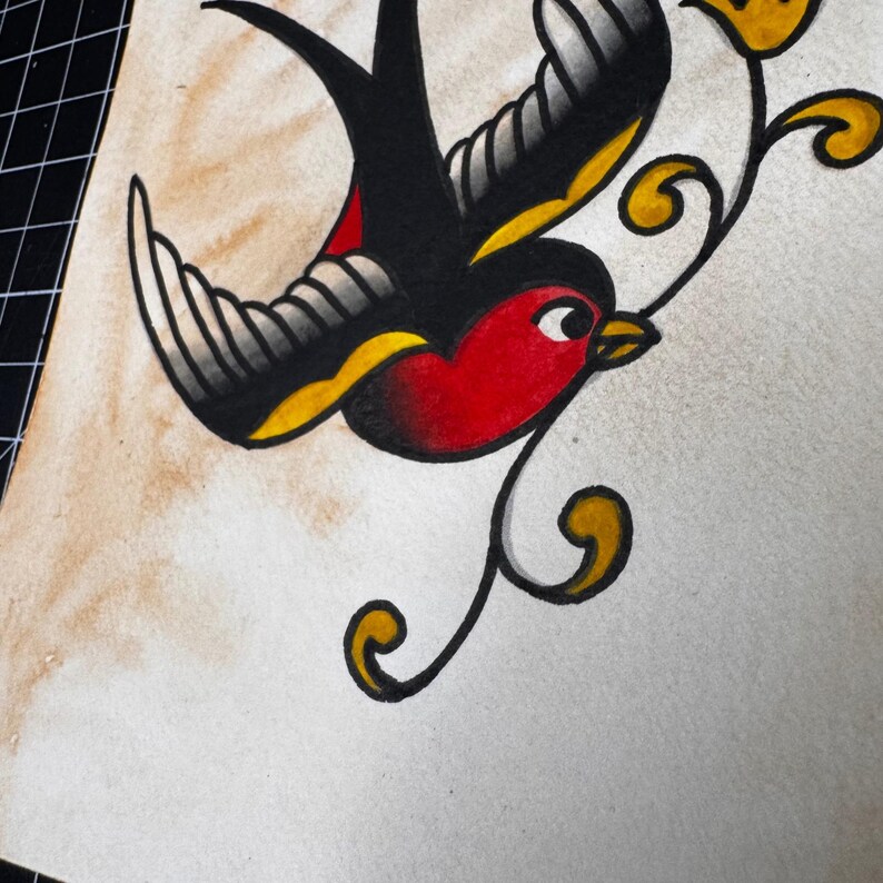 Traditional Tattoo Flash Art Swallow Bird and Rose Handmade Acrylic ...