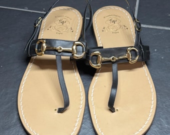Il Sandalo di Capri Black Leather Horsebit Slingback Thong Sandals Italy 40