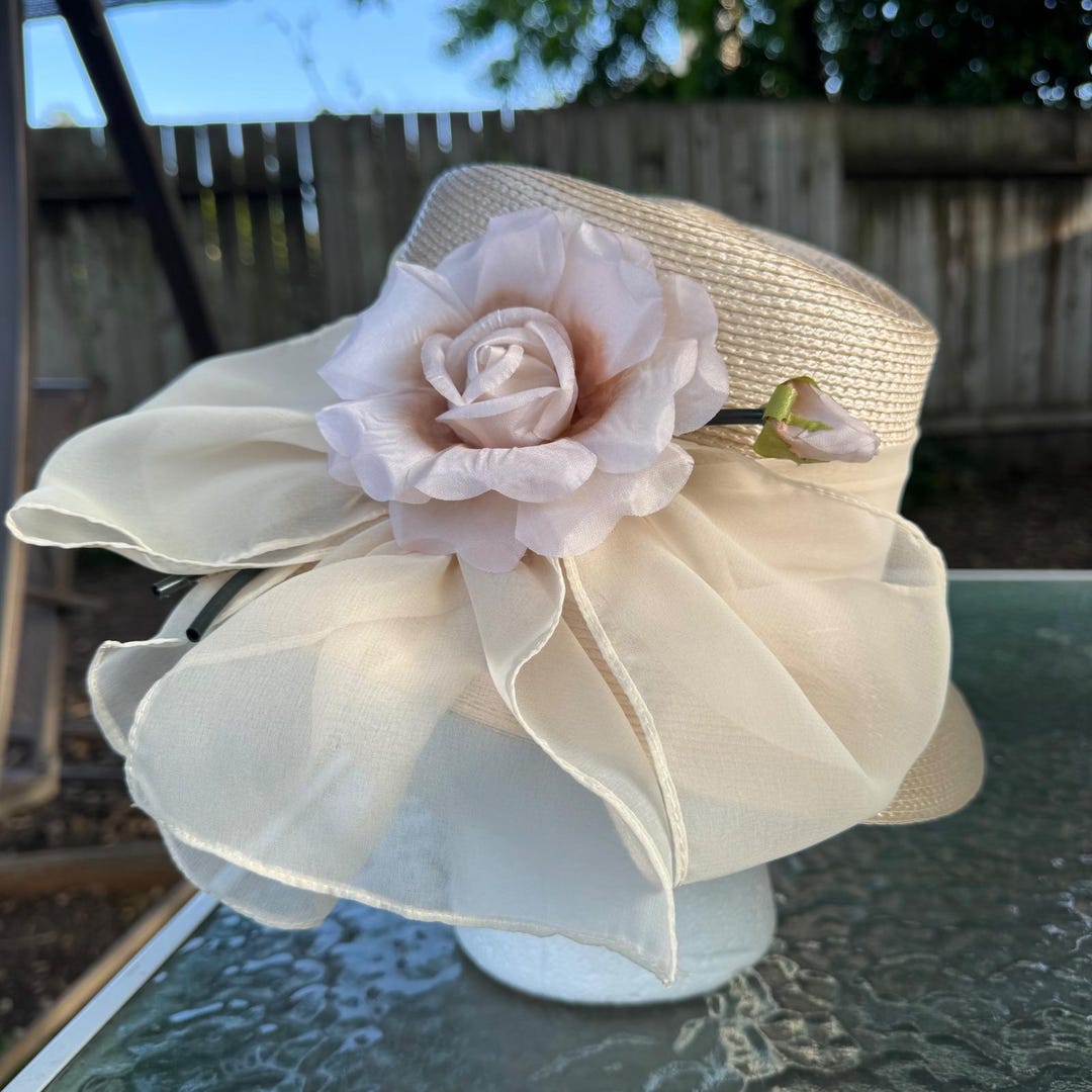 Vintage Champagne Straw Derby Hat Rose Floral Chiffon Ruffle 