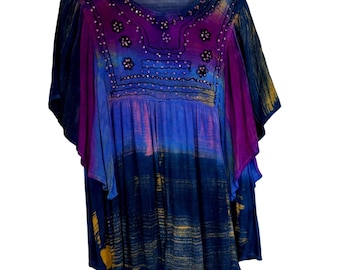 GreaterGood Boho Tie Dye Sequin Embroidered Babydoll Tunic Top Blue Purple