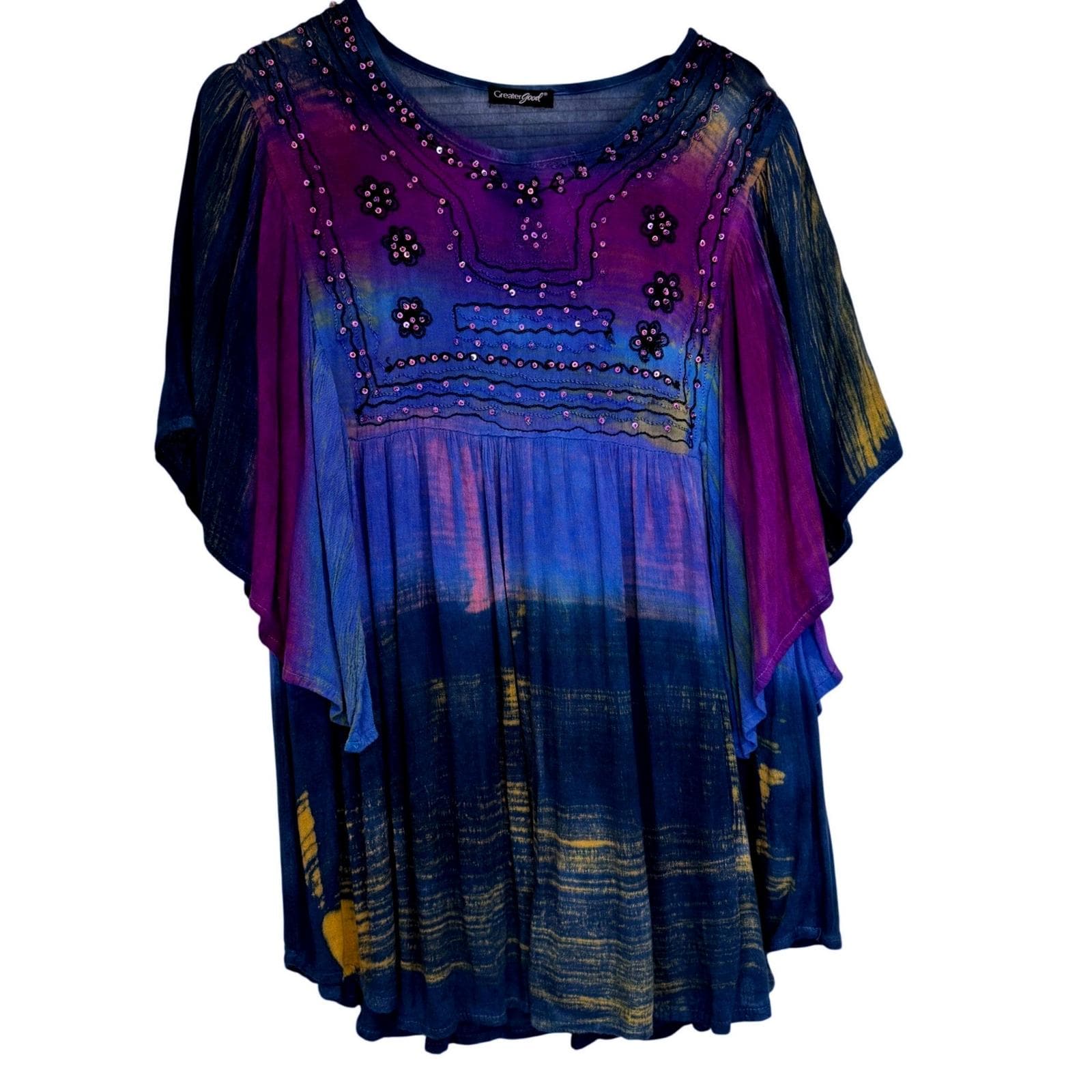 GreaterGood Boho Tie Dye, haftowana, cekinowa tunika typu babydoll w kolorze niebieskim i fioletowym