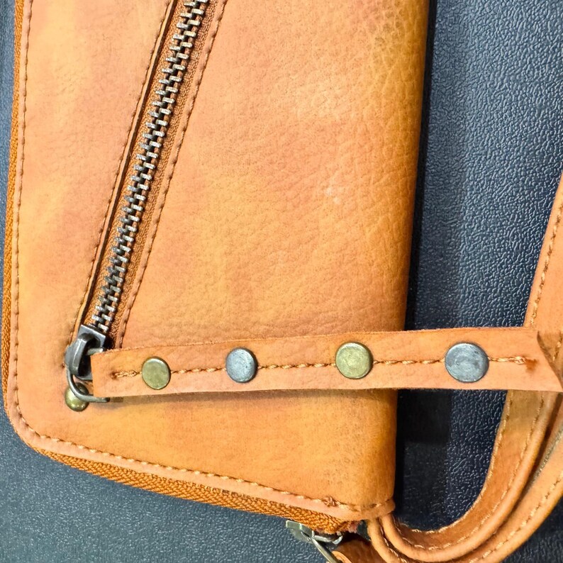 Free People Vegan Orange Faux Leather Zip Around Wristlet Wallet Clutch Studded image 8