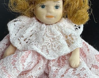 Vintage Miniature Doll Porcelain Face Pink Lace Dress Collectible Display Decor