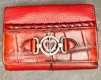 VTG Brighton Classic Red Leather Croc Embossed Heart Buckle Tri Fold Wallet