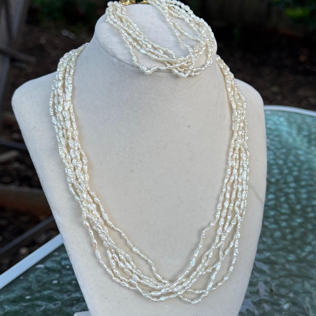 Vintage Multi Strand Freshwater Rice Pearl Necklace and Bracelet Set ...