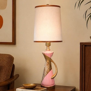 Vintage Mid Century Modern Pink Gold Ceramic Table Lamp Atomic 1950s Retro Decor