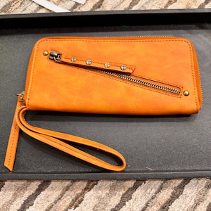 Free People Vegan Orange Faux Leather Zip Around Wristlet Wallet Clutch Studded image 1