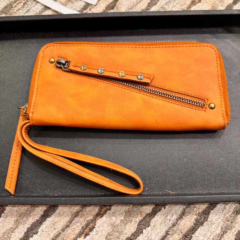 Free People Vegan Orange Faux Leather Zip Around Wristlet Wallet Clutch Studded image 1