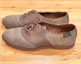 Bass Vintage Made in USA Saddle Shoes Tan Suede Brown Leather Oxford 4716W 8.5M