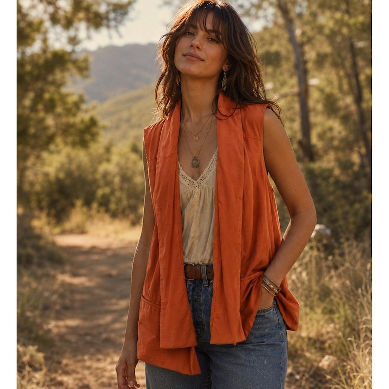 Chaleco de cuello chal drapeado de Tencel naranja de Cartonnier Anthropologie, talla grande, estilo bohemio. imagen 1