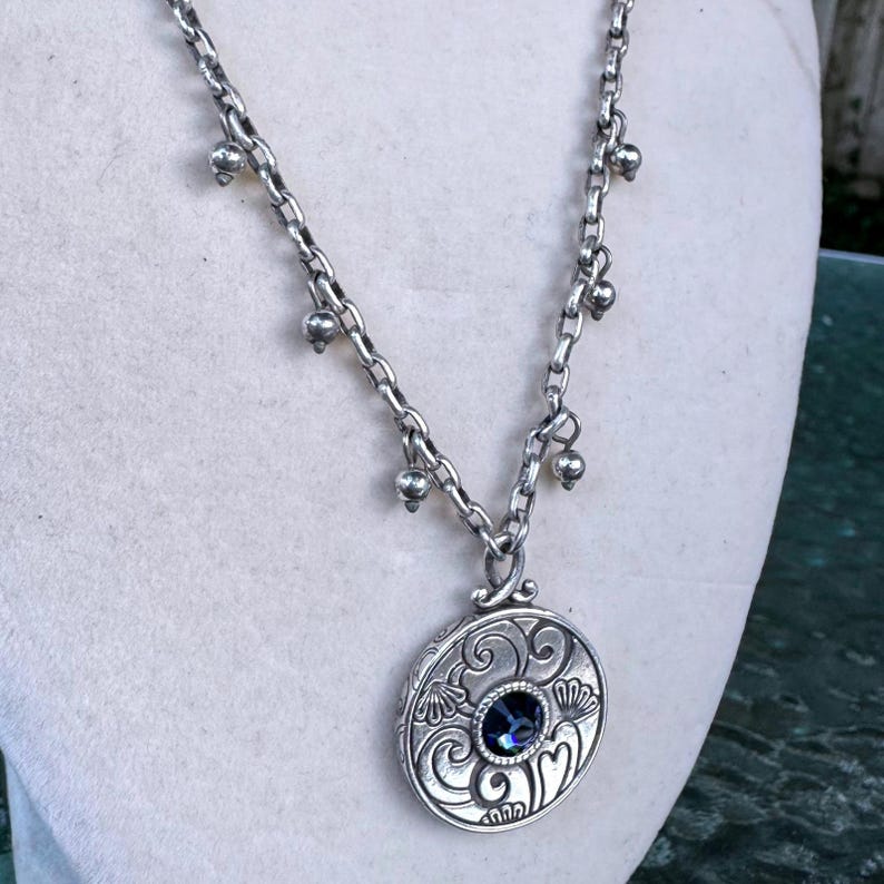 Brighton Reversible Scroll Medallion Necklace Blue Crystal Silver Tone Etched image 3