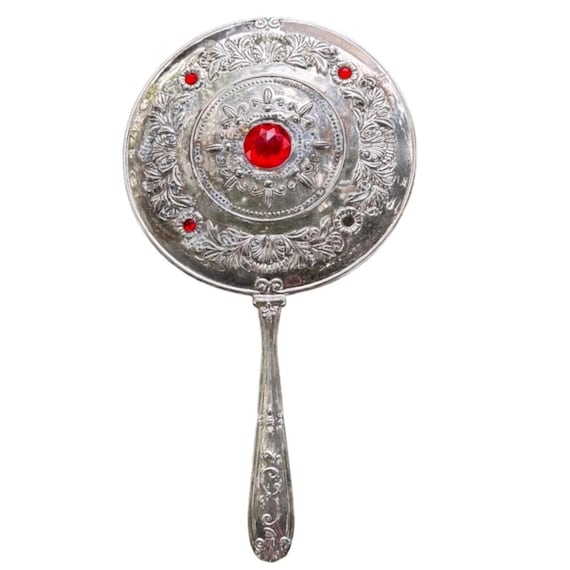 Godinger Silver Plated Hand Vanity Mirror W/ Red Jewels Vintage