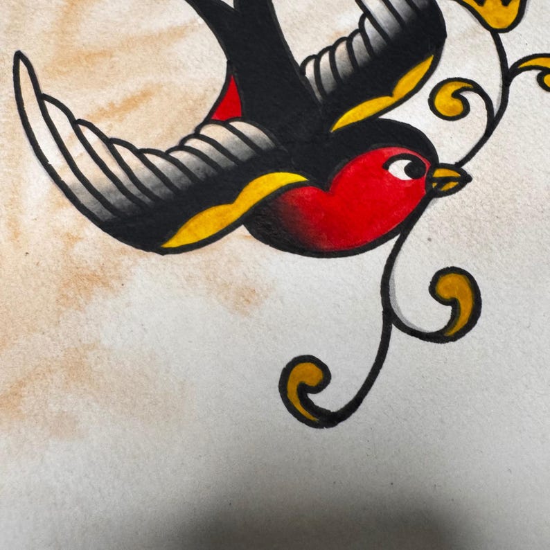 Traditional Tattoo Flash Art Swallow Bird and Rose Handmade Acrylic ...
