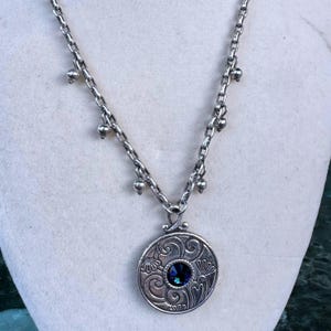 Brighton Reversible Scroll Medallion Necklace Blue Crystal Silver Tone Etched image 1