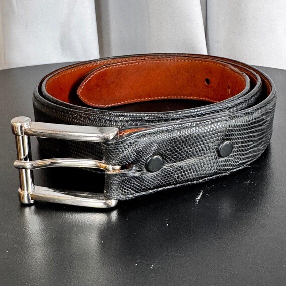 VTG Genuine Black Lizard Leather Belt Silver Buckle Made in  display picture 2