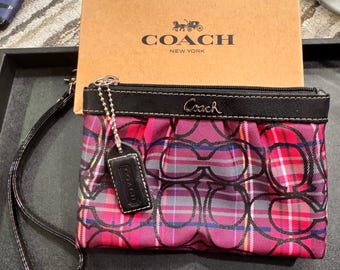 Coach Pink and Black Tartan Plaid Signature Logo Wristlet Clutch Bag With Box