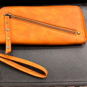 Free People Vegan Orange Faux Leather Zip Around Wristlet Wallet Clutch Studded image 4