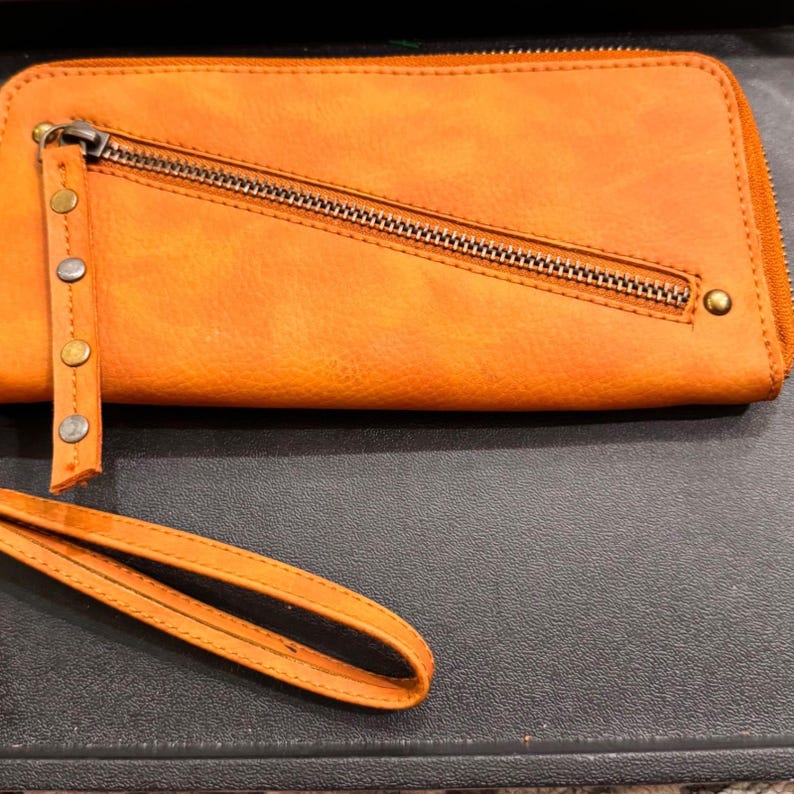 Free People Vegan Orange Faux Leather Zip Around Wristlet Wallet Clutch Studded image 4