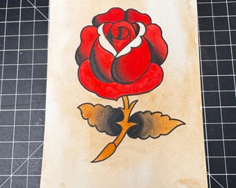 Handgefertigte traditionelle Tattoo Flash Art rote Rose Vintage Style Americana Dekor