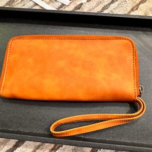 Free People Vegan Orange Faux Leather Zip Around Wristlet Wallet Clutch Studded image 6