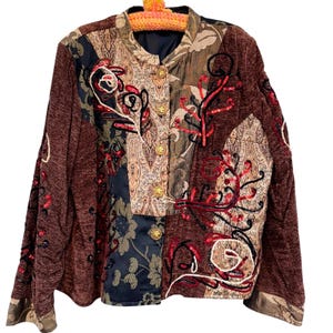 Y2K Julia Ker Art to Wear Patchwork Jacket Chenille Multi Sequin Brown Gold XL