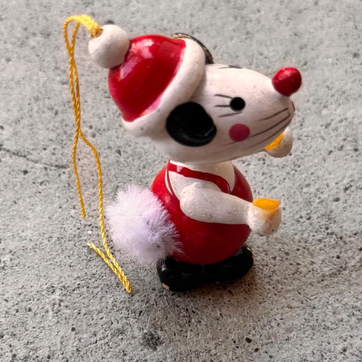 Vintage 40s Wooden Mouse Christmas Ornament Hat Hand Painted Decor