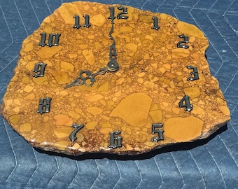 Vintage Natural Stone Slab Wall Clock Jasper Breccia Gothic Numerals 1990s Art