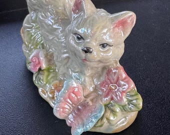 Vintage Glazed Ceramic Cat Figurine Kitten with Butterfly and Flowers Decor