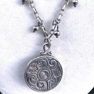 Brighton Reversible Scroll Medallion Necklace Blue Crystal Silver Tone Etched image 9