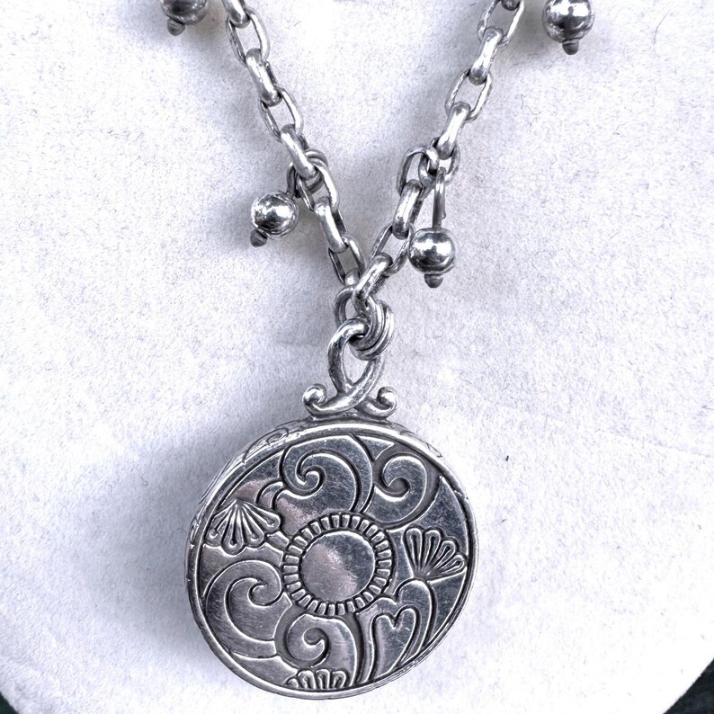 Brighton Reversible Scroll Medallion Necklace Blue Crystal Silver Tone Etched image 9