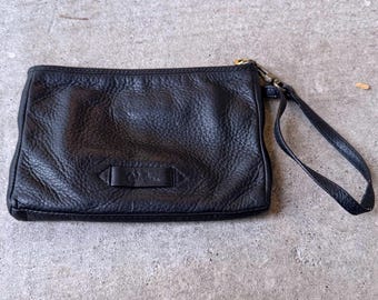 Vintage Cole Haan Black Pebbled Soft Leather Pleated Wristlet Gold Hardware