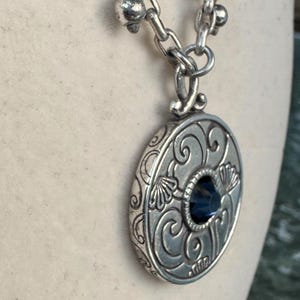 Brighton Reversible Scroll Medallion Necklace Blue Crystal Silver Tone Etched image 2