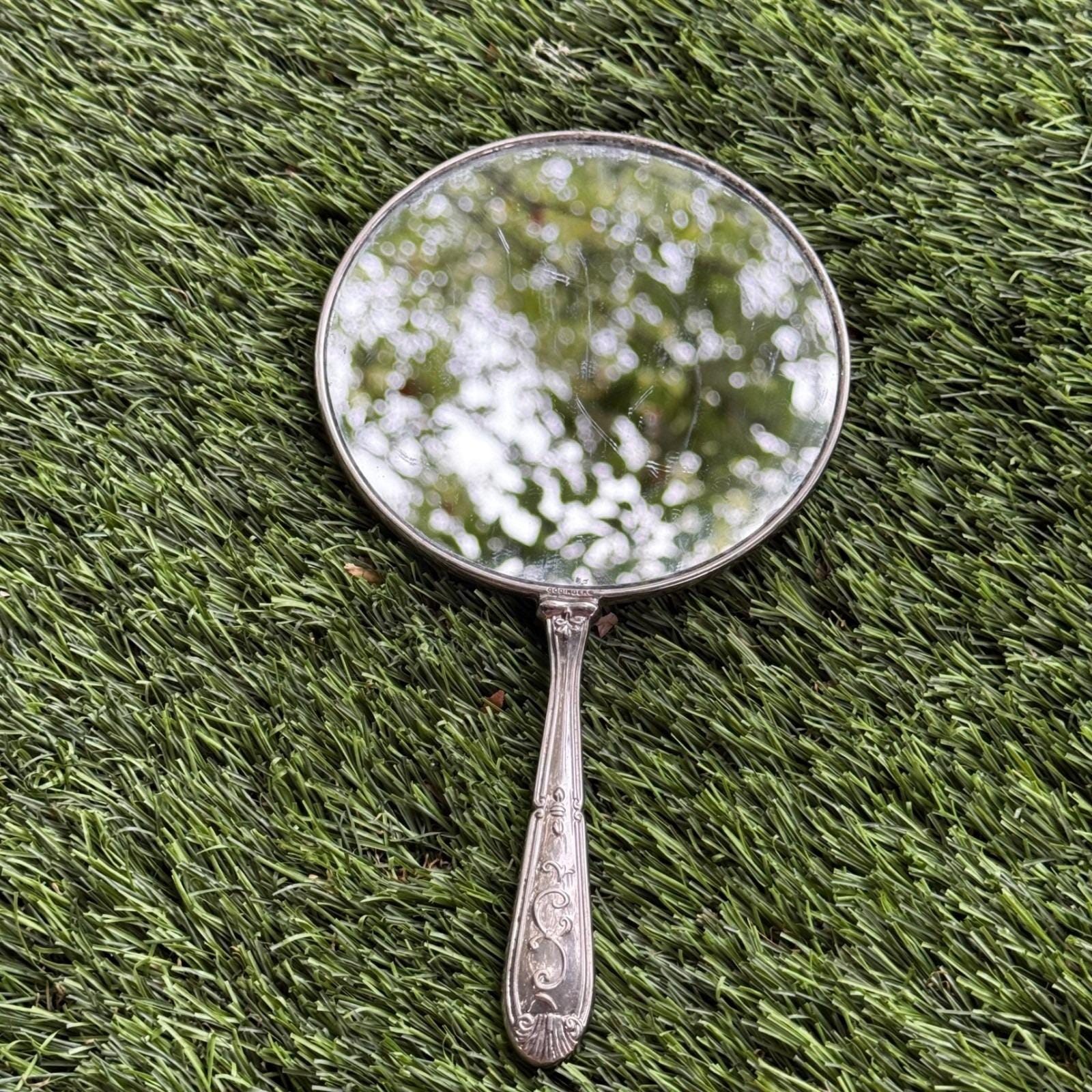 Godinger Silver Plated Hand Vanity Mirror W/ Red Jewels Vintage